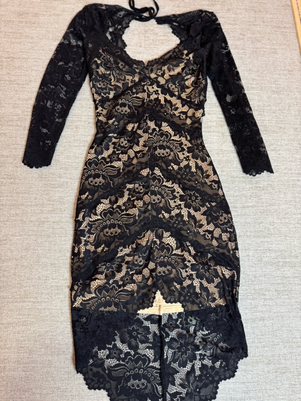 bebe Black Lace Long Sleeve Sheath Dress with Nude Lining